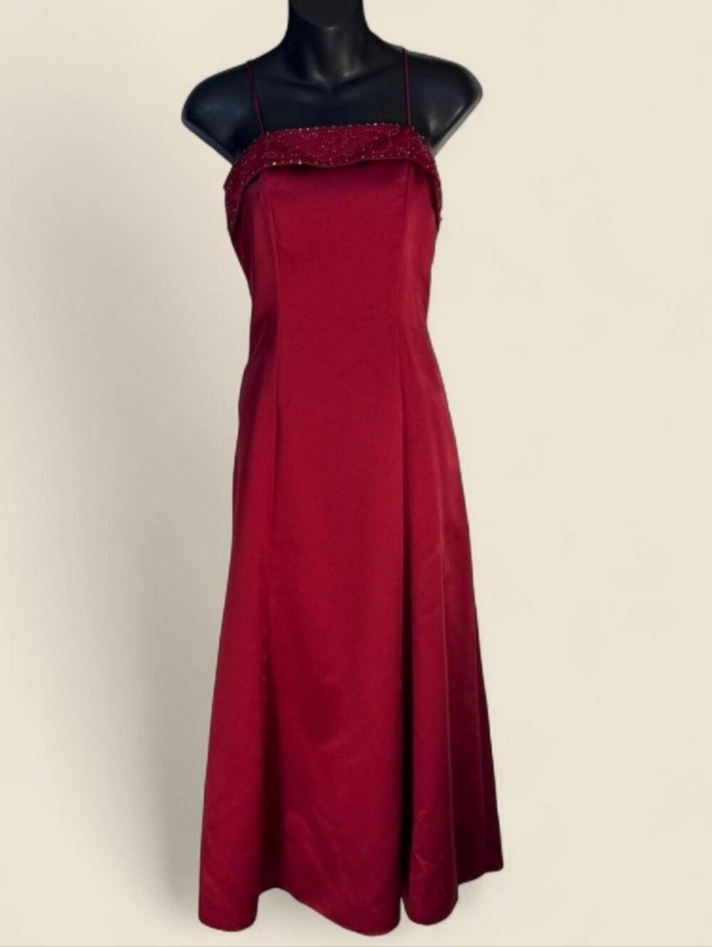 Vintage Ruby Red Satin Prom Dress – Beaded Formal Gown